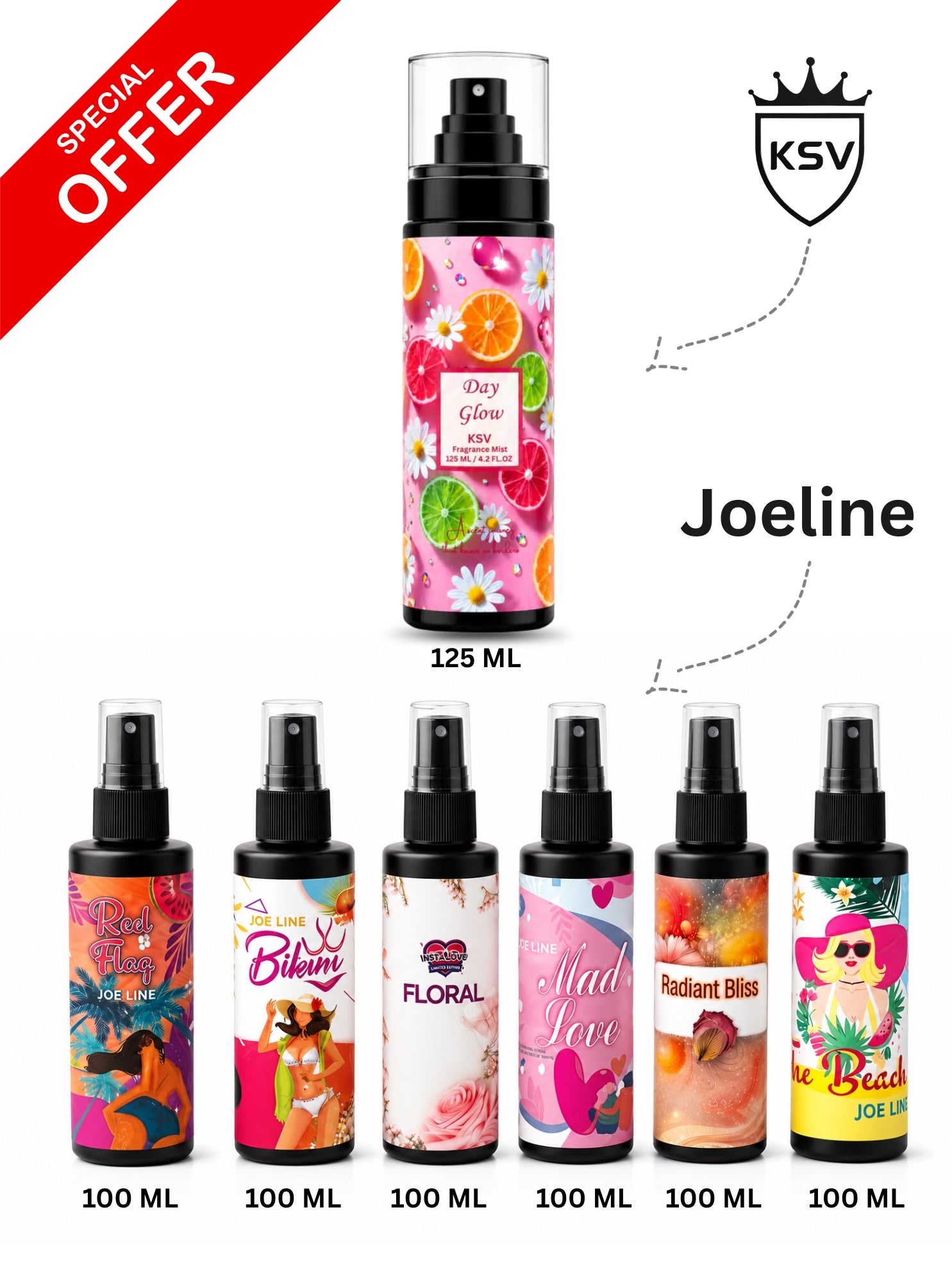 Day Glow body mist set of six spray bottles, 100–125 ml