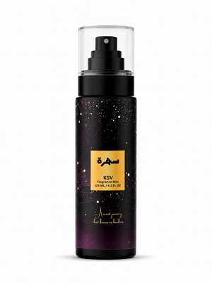 Fragrance mist bottle with black pump and speckled deep purple bottle, 125 ml