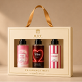Fragrance mist gift box with three 200ml bottles; pink, red, and black designs