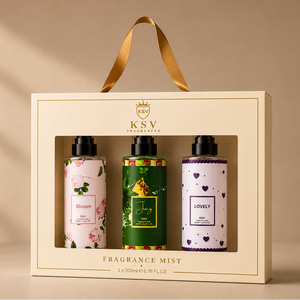 Fragrance mist gift box with three bottles inside; ribbon handles and window view