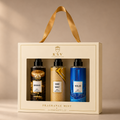 Fragrance mist gift box with three mini bottles and gold ribbon handle