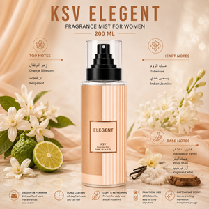Fragrance mist spray bottle with black sprayer and front label, 200 mL