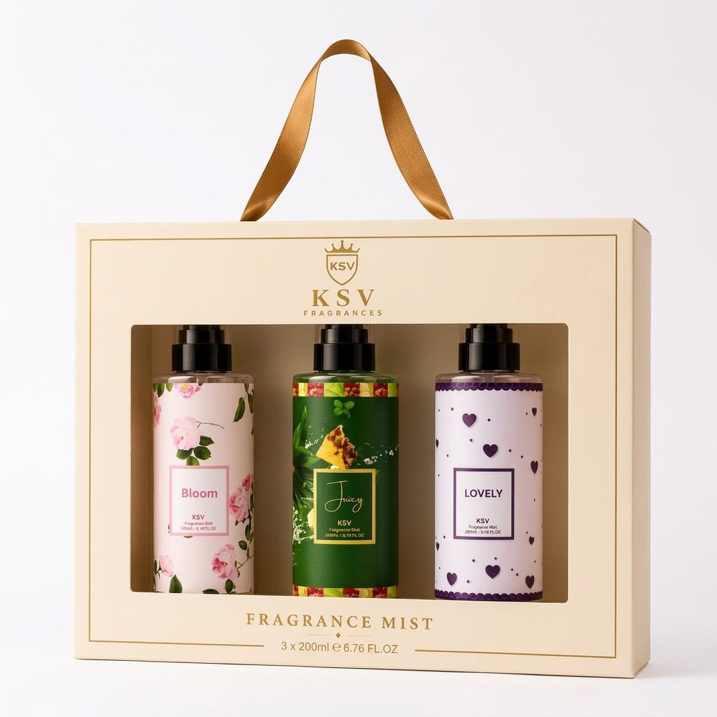 KSV fragrance mist gift box with three 200ml bottles, floral and heart designs