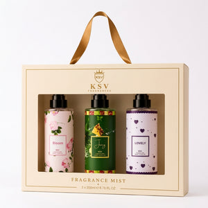KSV fragrance mist gift box with three 200ml bottles, floral and heart designs