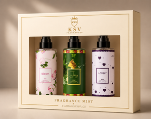 Gift box with three fragrance mist bottles: Bloom, green, Lovely