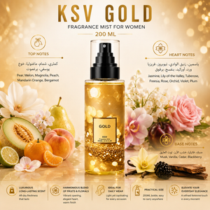 Gold 200 mL fragrance mist bottle with black pump, centered on display