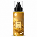Gold fragrance mist bottle with black spray pump, clear cap, 200 mL size