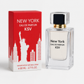 Women's Eau de Parfum bottle with box, clear glass and gold-accent cap