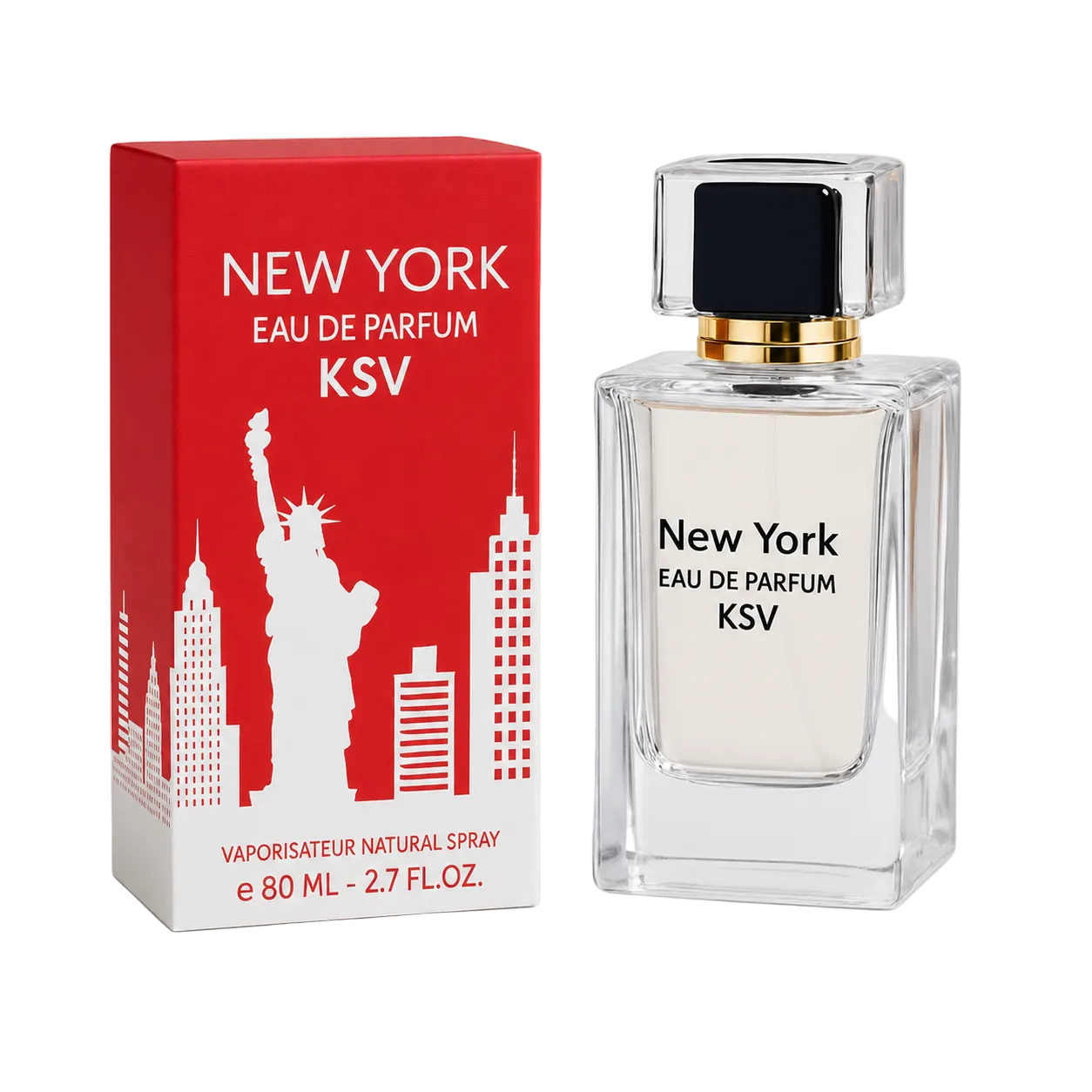 KSV New York eau de parfum spray, 80 ml glass bottle with red cap and matching box