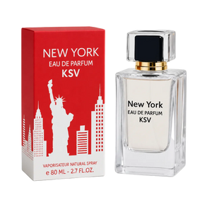 Women’s eau de parfum bottle with red NYC-themed box, clear glass and gold cap