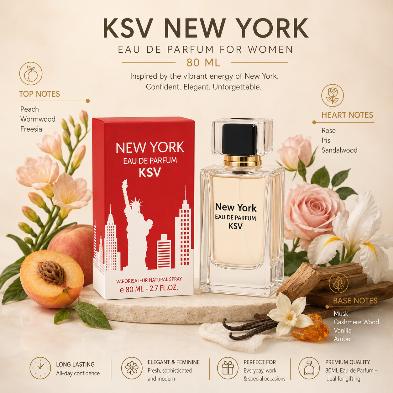 Women’s eau de parfum set: red New York box and clear glass bottle with gold cap
