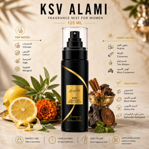 KSV Alami fragrance mist bottle, black with gold accents and spray pump, 125 mL