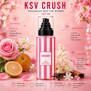KSV Crush fragrance mist for women, pink striped bottle with black spray pump