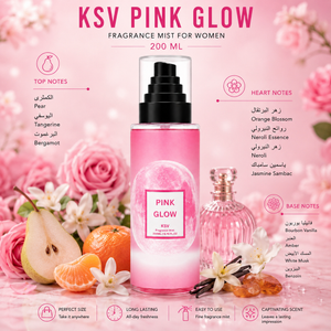 KSV Pink Glow fragrance mist 200 mL with black pump bottle and notes list