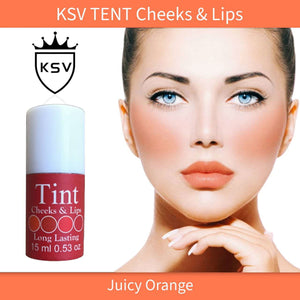 Long-lasting lip & cheek tint in Jucy Orange shade, shown in a red capped bottle