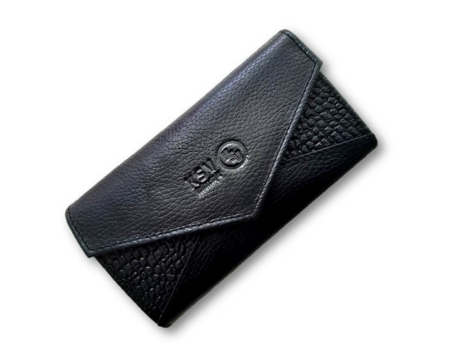 Women’s KSV wallet in dark leather, front view with logo and snap closure