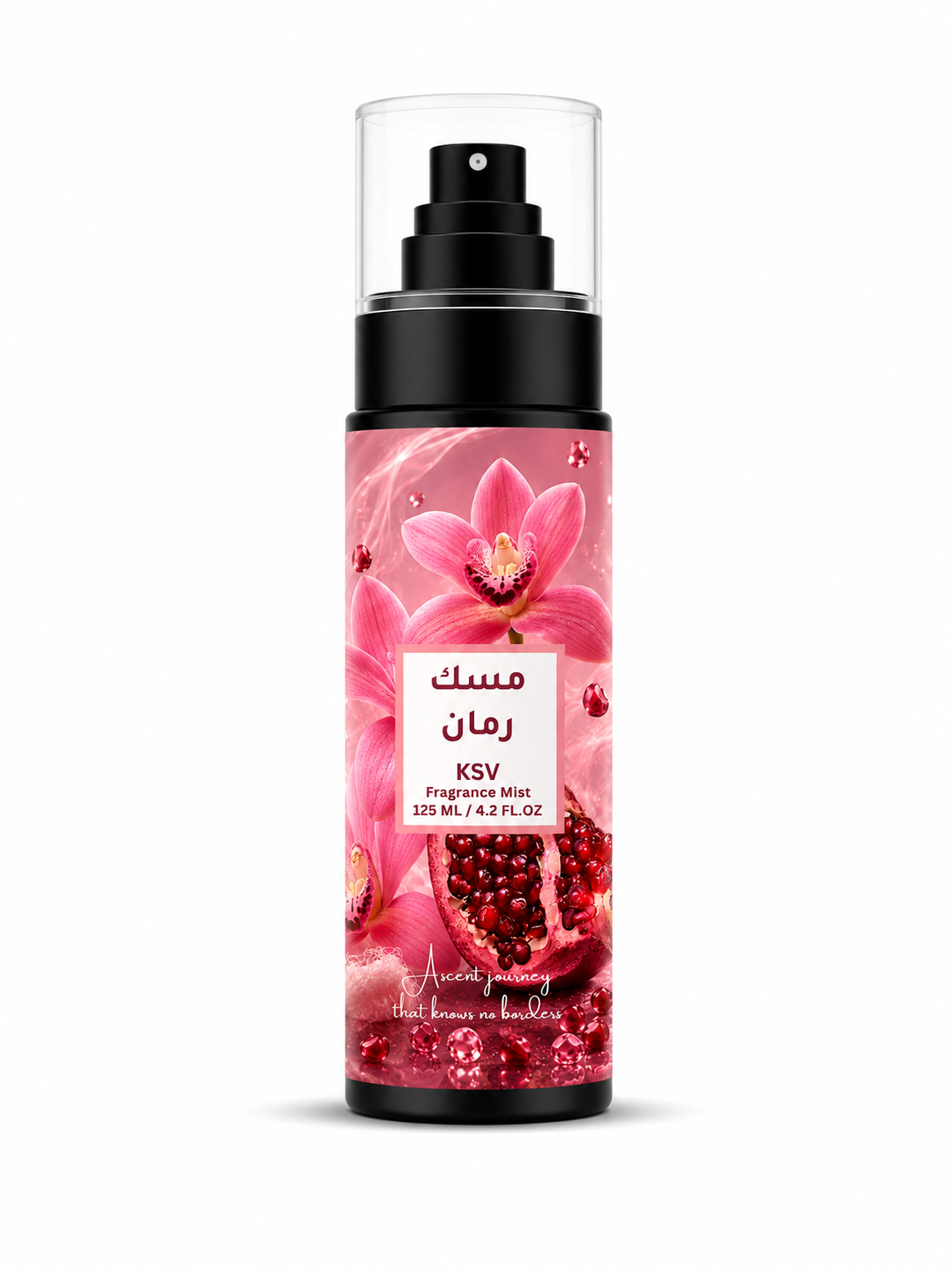 Fragrance mist bottle with black pump and pink pomegranate floral label, 125 ml