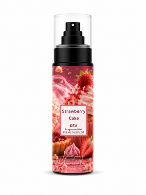 Fragrance mist bottle with clear body and black pump, Strawberry Cake label, 125 mL