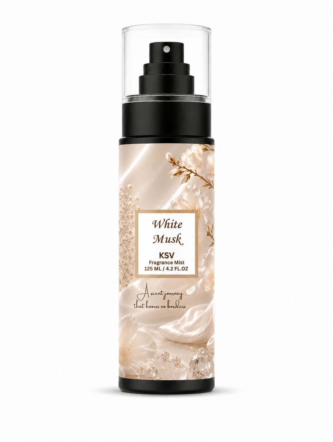 Fragrance mist bottle, black spray pump, gold floral front label with White Musk, 125 mL