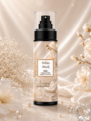 Fragrance mist bottle with black pump, gold floral White Musk label, 125 mL