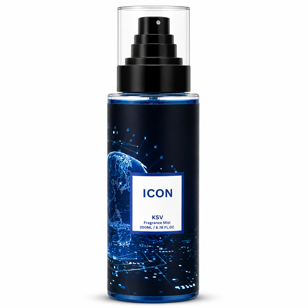 Men’s fragrance mist bottle, dark blue with spray pump, label ICON, 200 mL