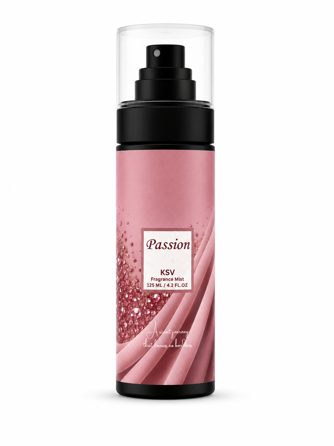 Ksv Passion fragrance mist bottle with black spray cap and pink body, 125 ml