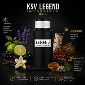 Legend eau de parfum for men 100 ml bottle, black glass with silver cap.