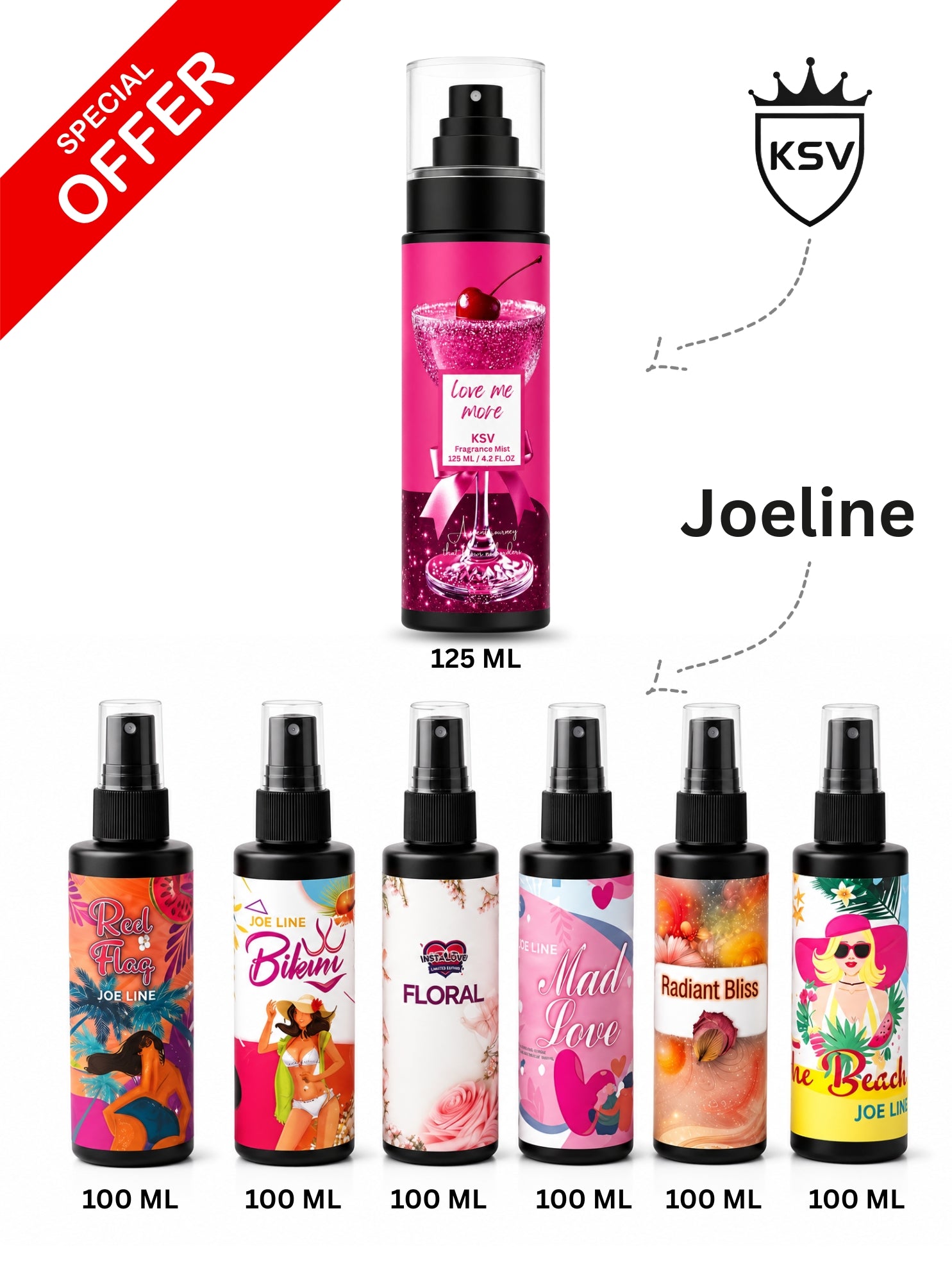 Love Me More spray bundle, 6 assorted scents; 125 ml and 100 ml bottles