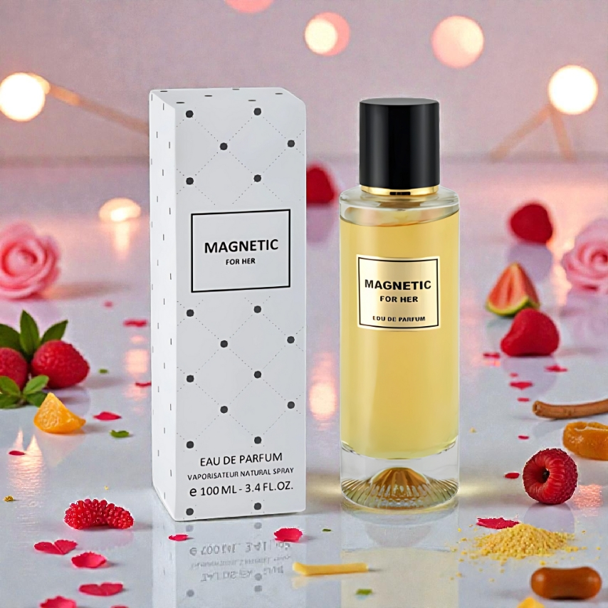 Magnetic for Her eau de parfum 100 ml: gold bottle with black cap and boxed label