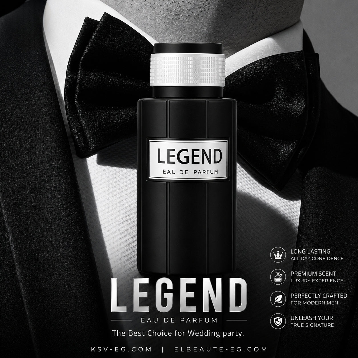 Men's Legend eau de parfum bottle on black fabric with bow tie, 100 ml.