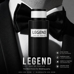 Men's Legend eau de parfum bottle on black fabric with bow tie, 100 ml.