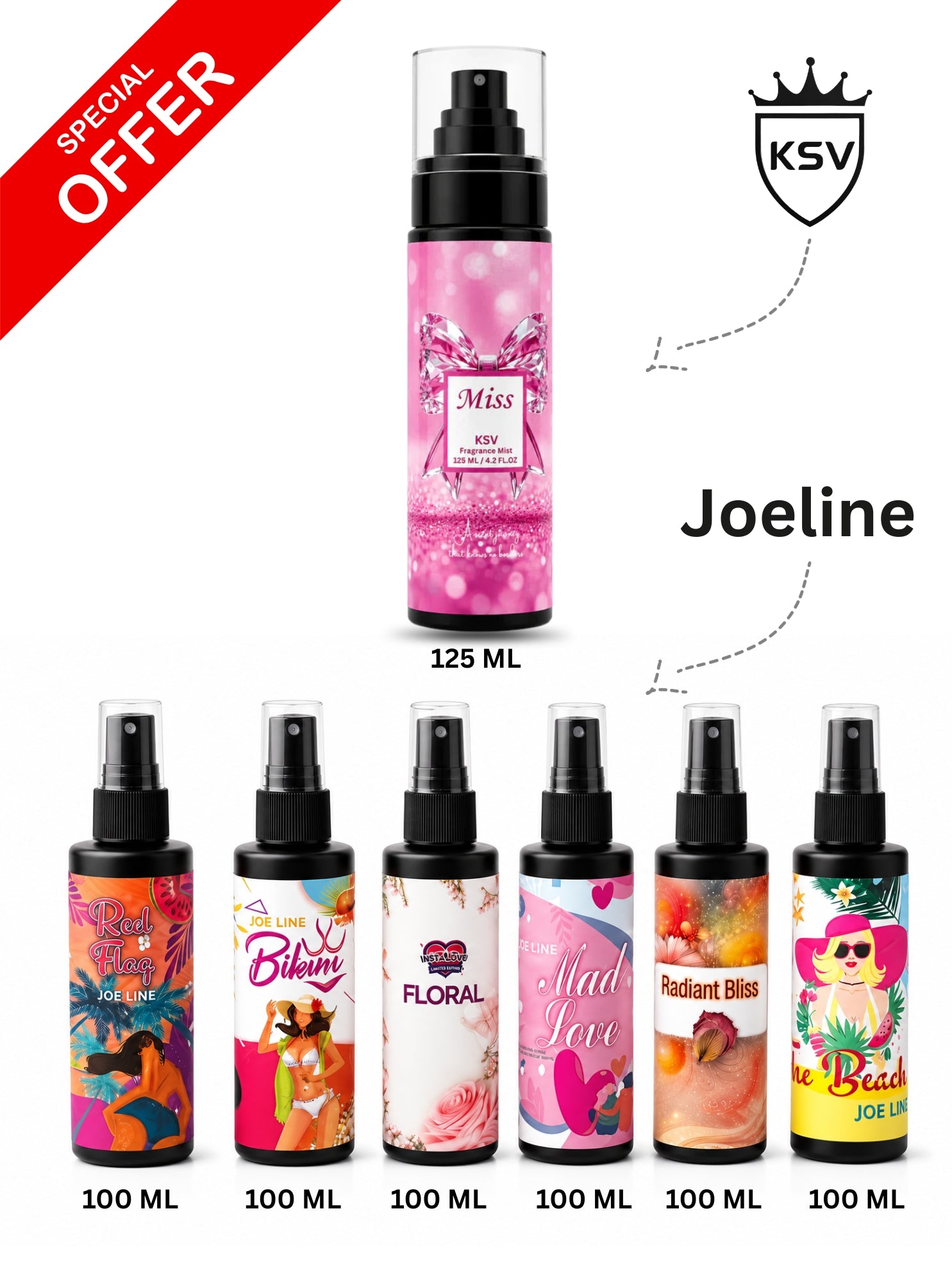Miss fragrance spray bundle with one 125 mL bottle and six 100 mL bottles