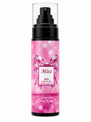 Miss KSV fragrance mist bottle, pink glitter sprayer, 125 mL