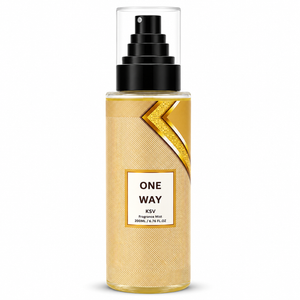 One Way fragrance mist bottle with black sprayer, gold liquid, 200 mL