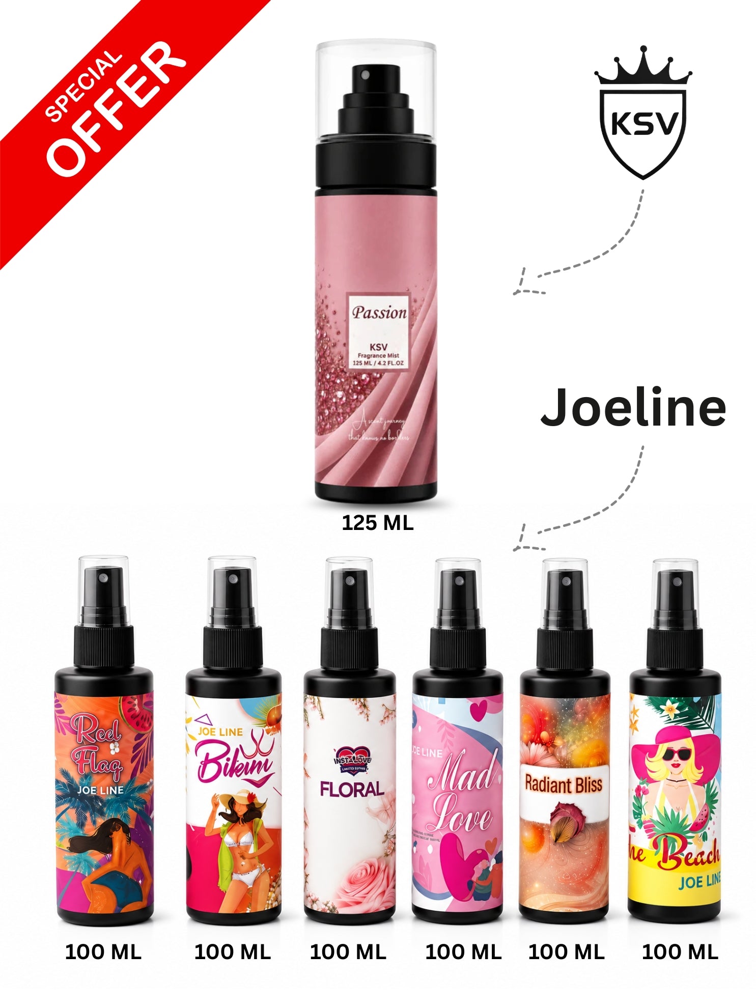 Fragrance spray bundle with 6 bottles, assorted sizes (100 ml and 125 ml)