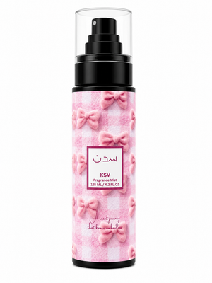Pink floral fragrance mist bottle with black spray pump, 125 ml