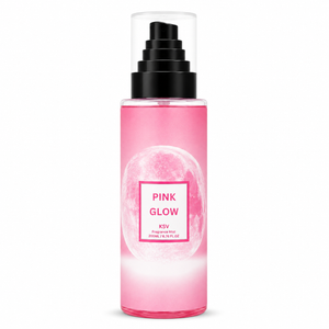 Pink glow fragrance mist bottle with black pump, 200 mL glass bottle
