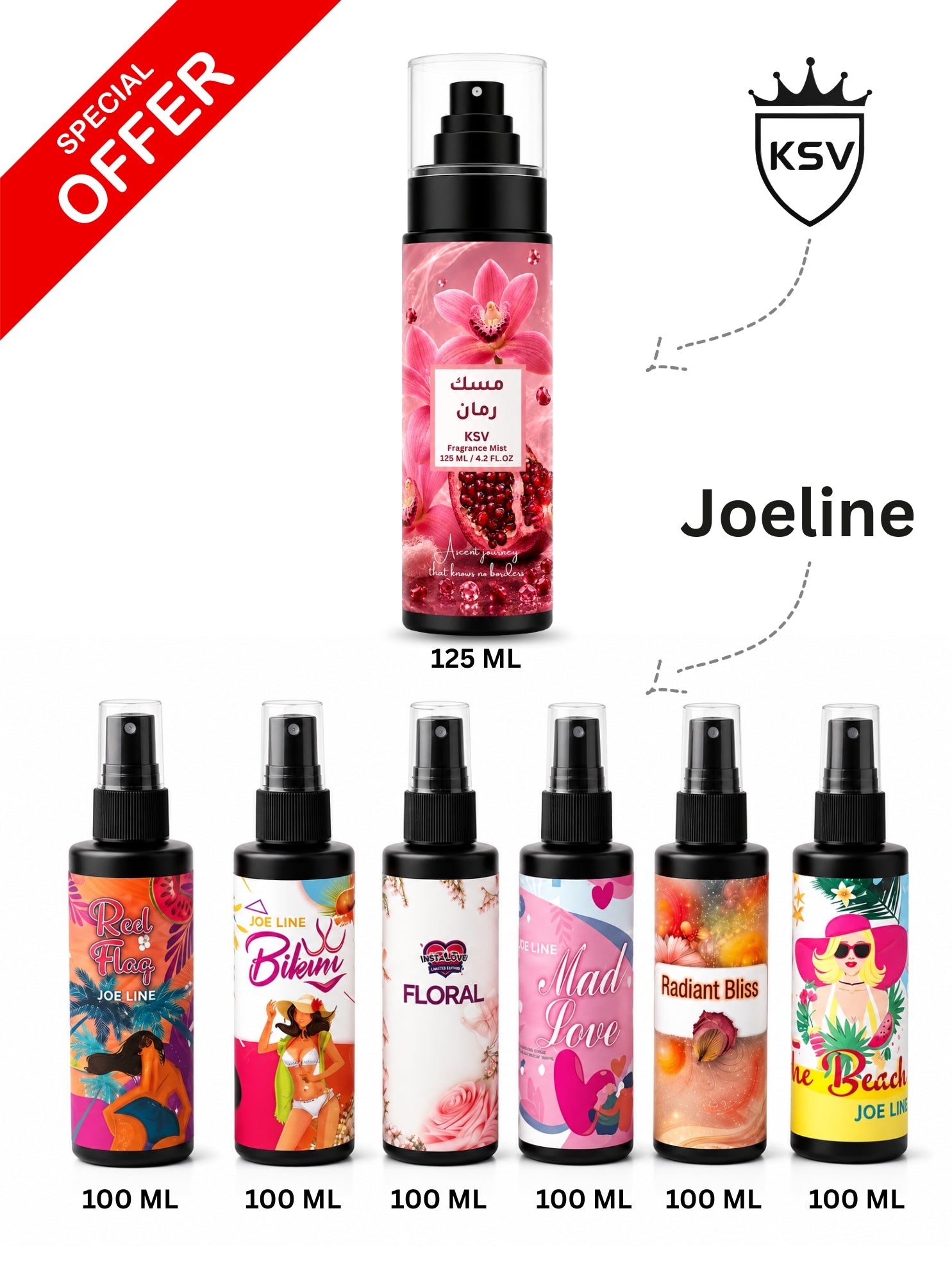 Pomegranate musk body mist bundle with six spray bottles, including a 125 ml bottle