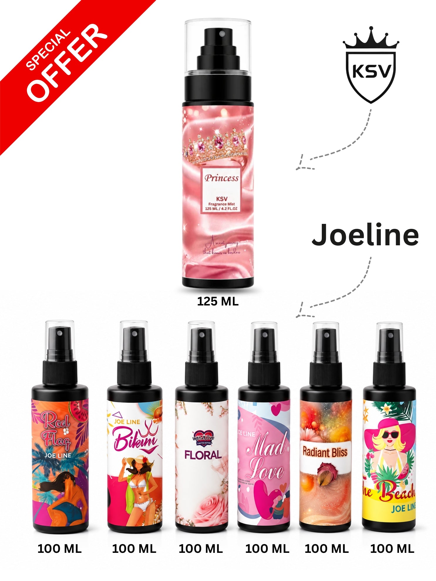 6-pack body mist spray set with pump bottles: one 125 mL pink, five 100 mL