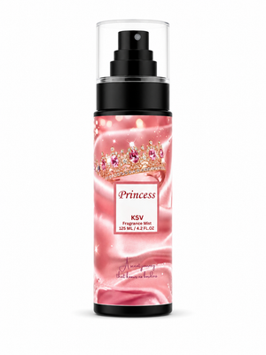 Princess KSV fragrance mist bottle, pink spray with black pump and glittery label
