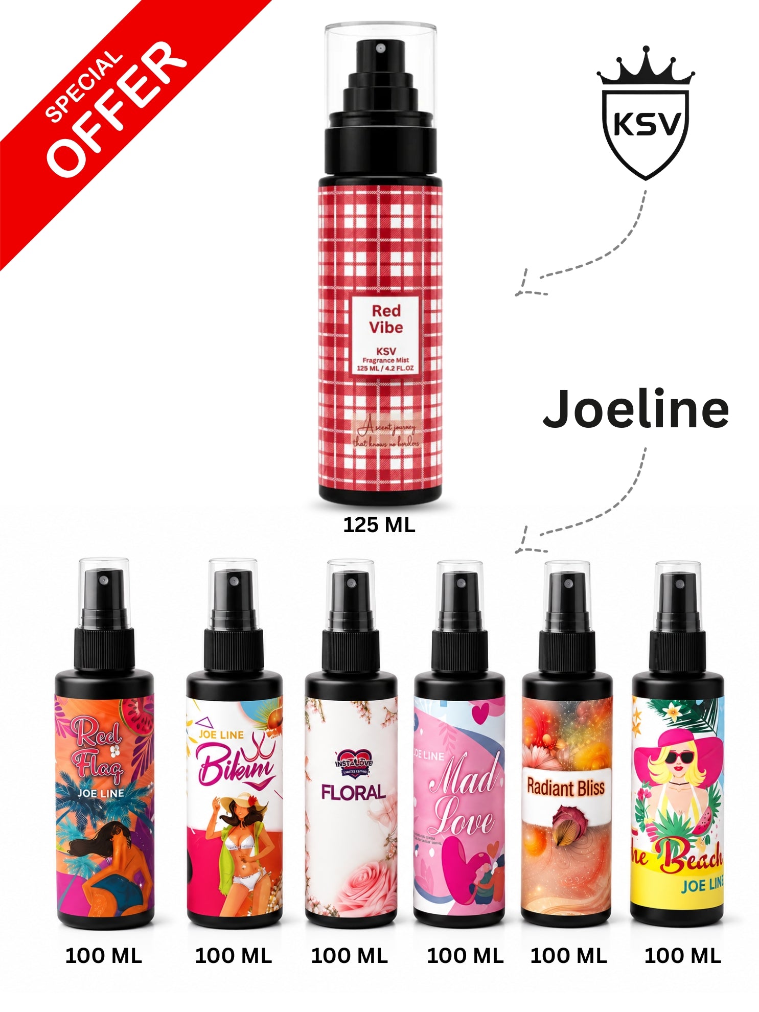 6-piece body mist spray bundle, including a red checkered bottle with black sprayer