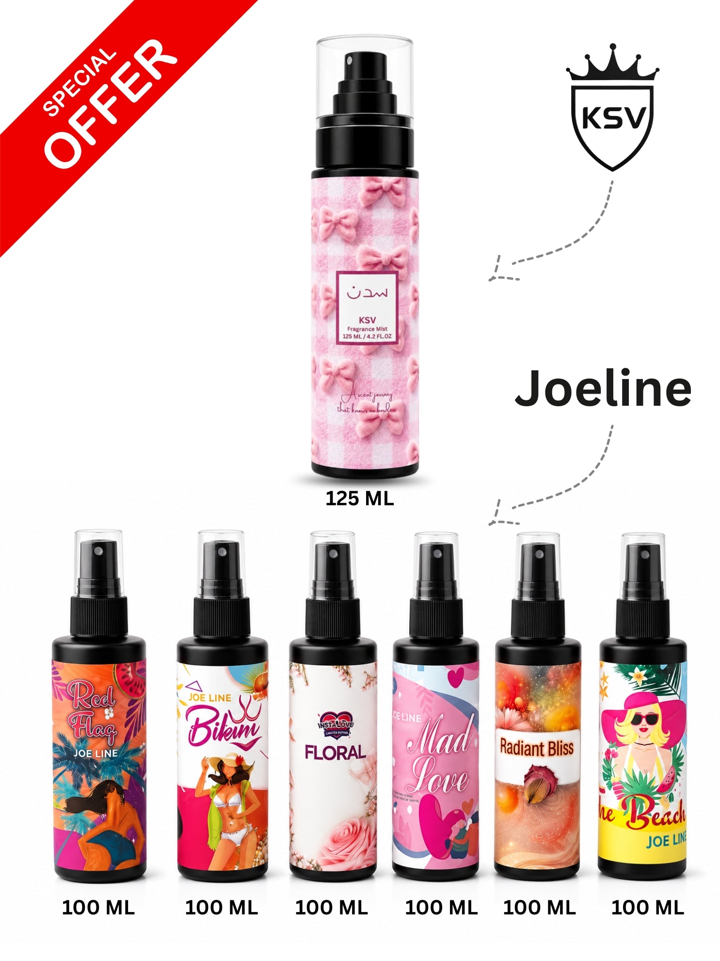 6-piece scented mist bottle set, assorted colors with printed fragrance labels