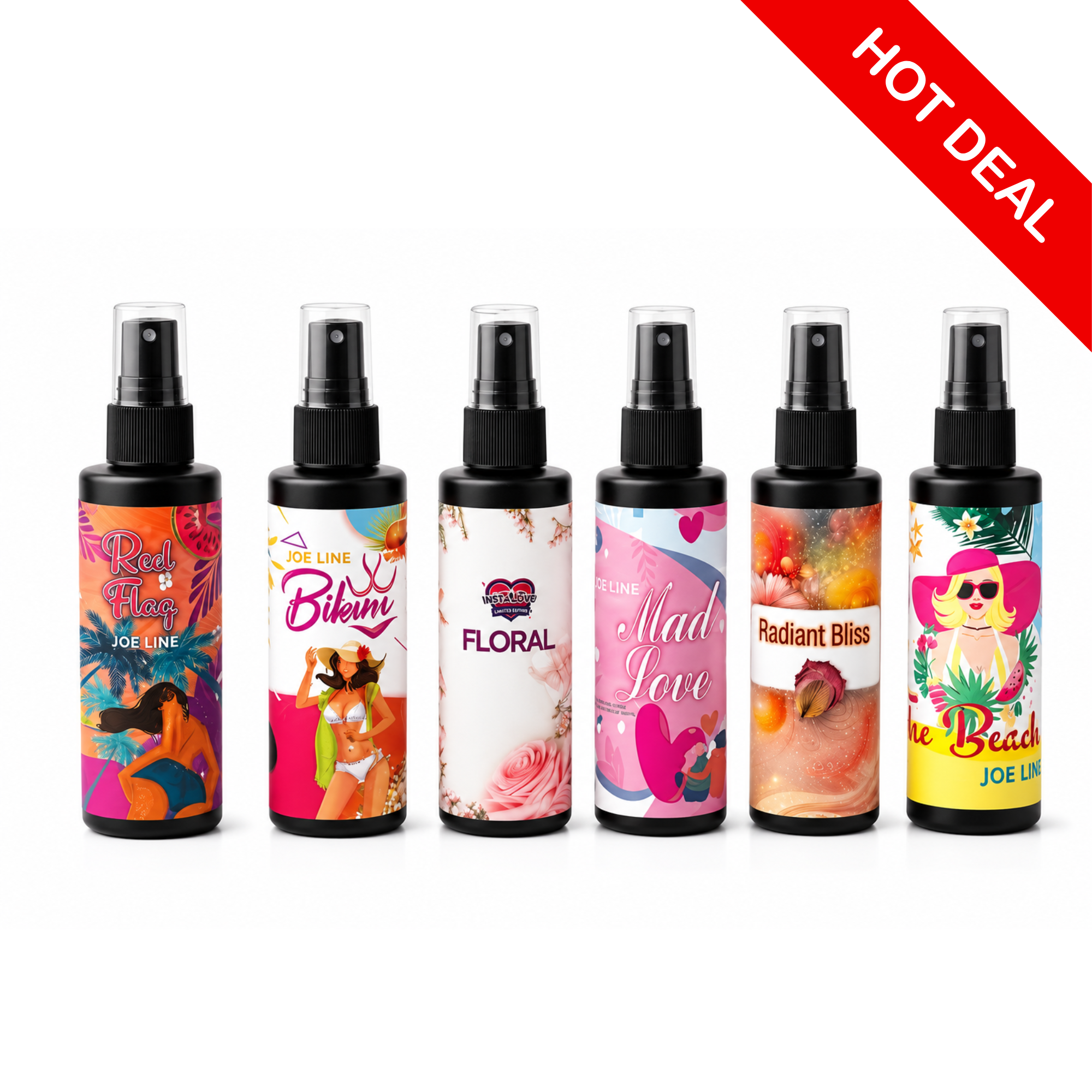 Six-pack fragrance spray bottles with black pumps and assorted colorful label artwork