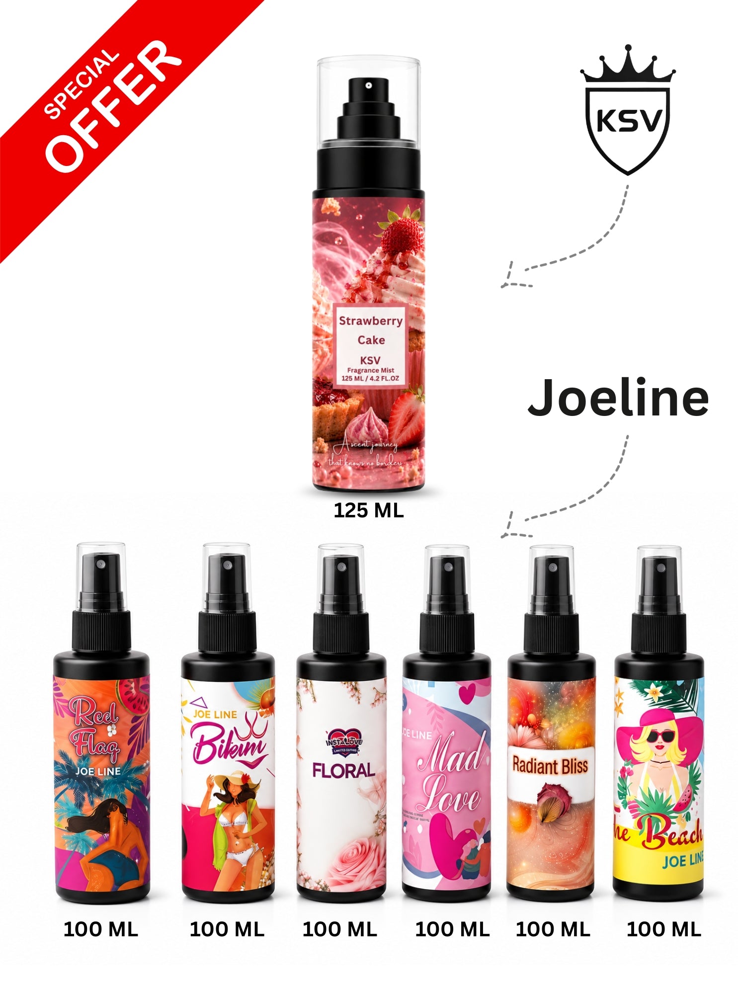 Set of 6 KSV body sprays with colorful labels, 100–125 ml