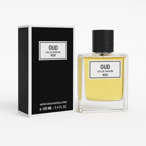 Unisex eau de parfum 100 ml: glass bottle with yellow liquid and black cap, beside its box