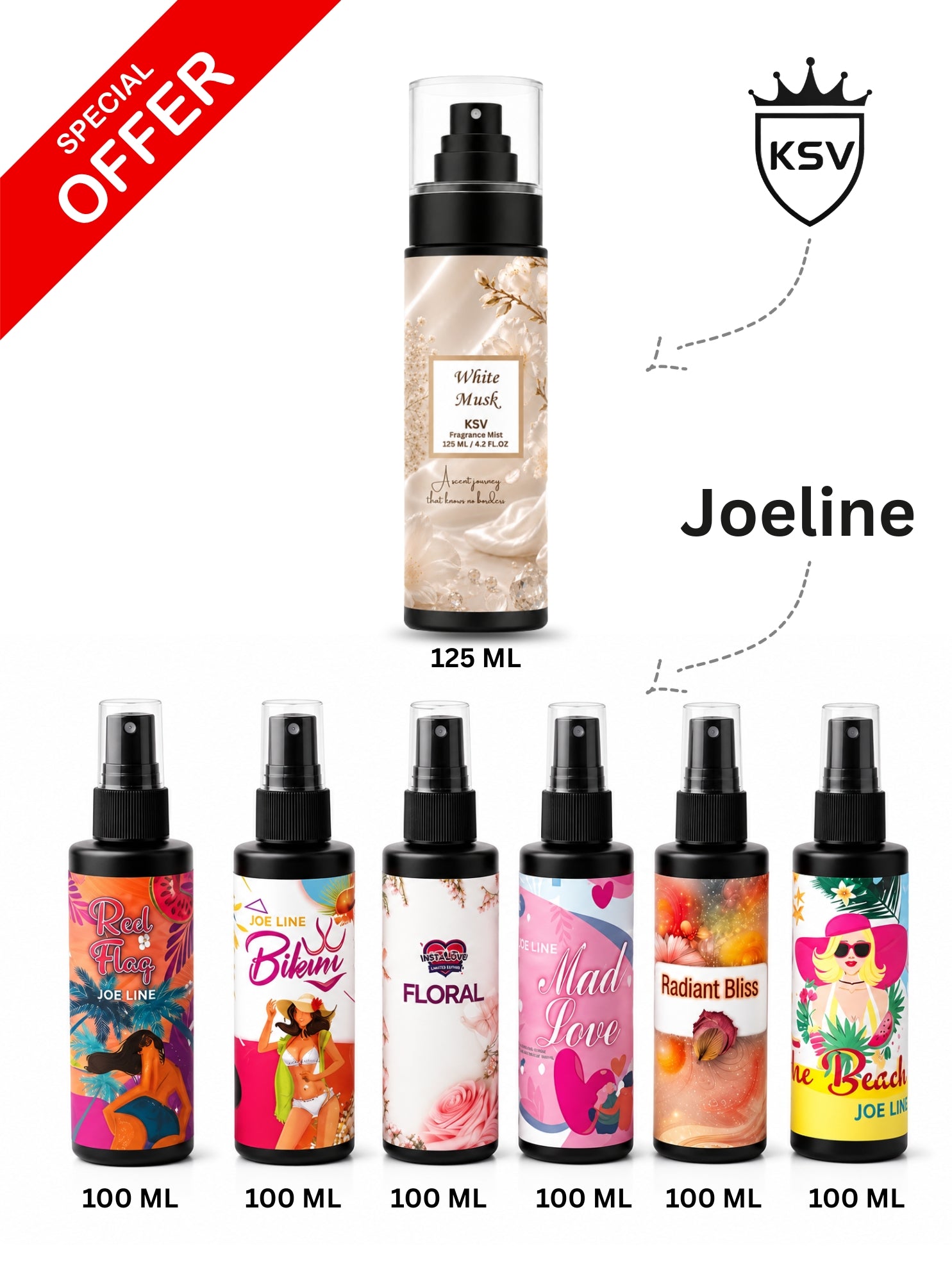 Fragrance mist bundle of six spray bottles, including White Musk 125 ml and 100 ml