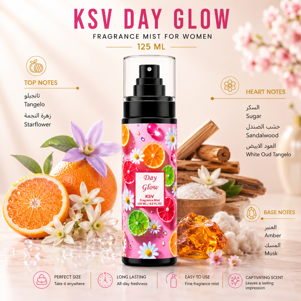 Fragrance mist bottle with pink floral label, orange and lime graphics, black spray cap