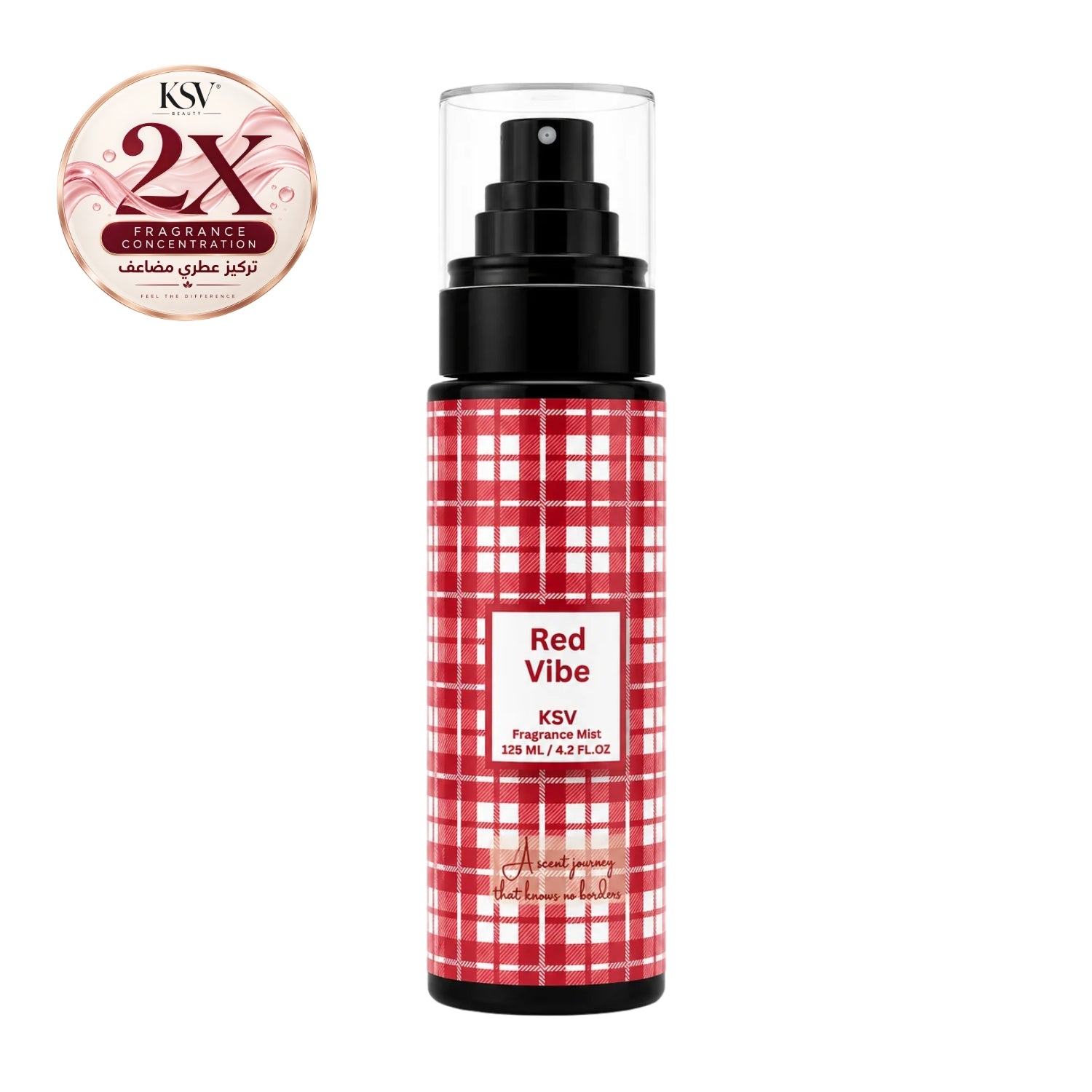 Red Vibe fragrance mist bottle with black pump; red plaid design and KSV label, 125 mL