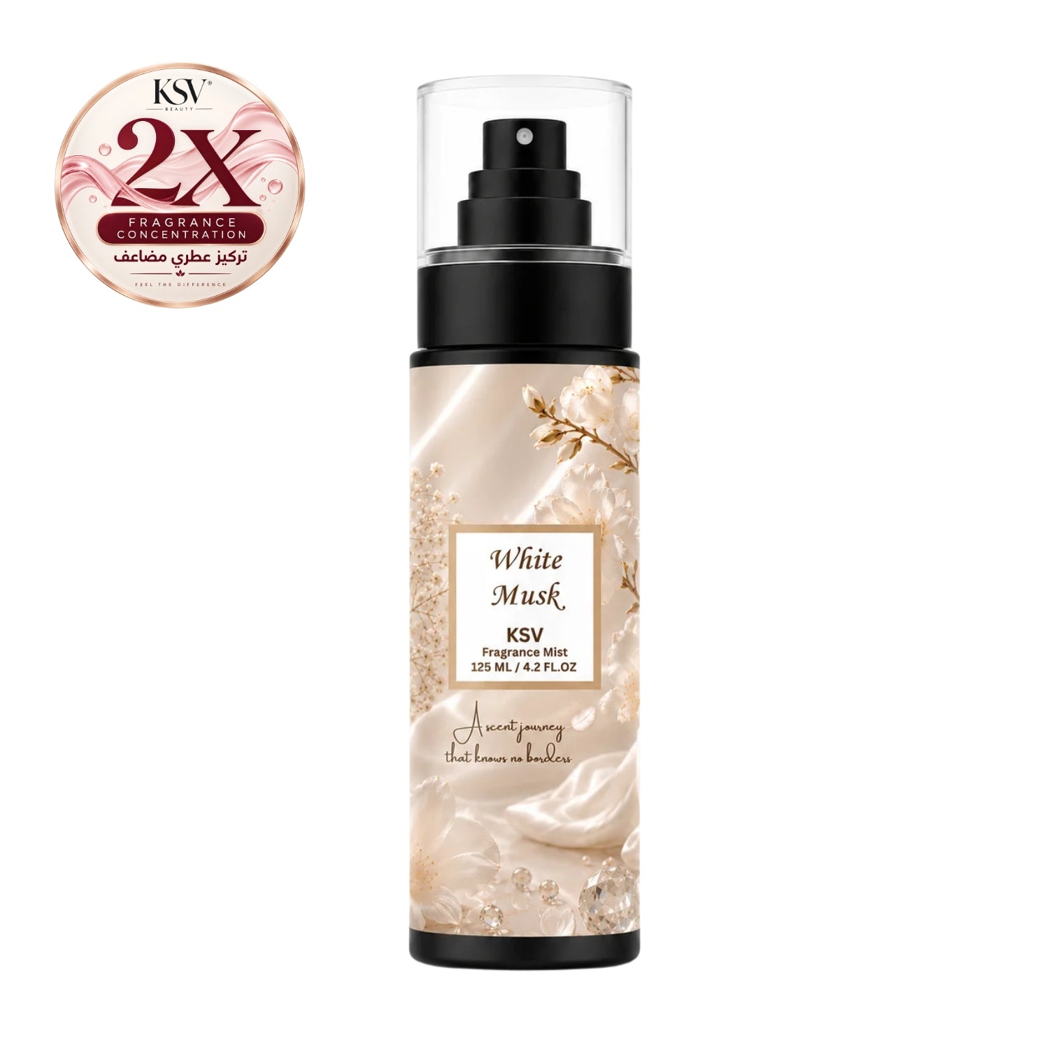 White Musk fragrance mist bottle, 125 mL, clear bottle with black pump