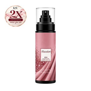 Pink fragrance mist bottle with black spray pump and 'Passion' label, 125 mL